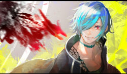 Rule 34 | 1girl, black jacket, black shirt, blue hair, choker, closed mouth, collarbone, green hair, grey background, hair over one eye, highres, jacket, kirishima touka, kyuuba melo, multicolored background, multicolored hair, red eyes, shirt, short hair, smile, solo, tokyo ghoul, tokyo ghoul:re, two-tone hair, upper body, yellow background
