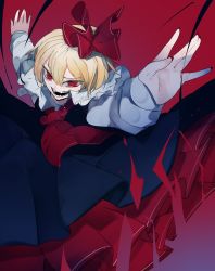 Rule 34 | 1girl, blonde hair, commentary request, dress, frilled dress, frills, hair between eyes, hair ribbon, highres, ikurauni, long sleeves, nail polish, open mouth, outstretched arms, red eyes, red nails, red ribbon, ribbon, rumia, short hair, solo, teeth, touhou