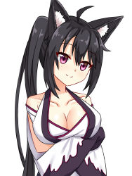 Rule 34 | 1girl, ahoge, animal ear fluff, animal ears, arms under breasts, bare shoulders, black hair, breasts, cleavage, closed mouth, collarbone, commentary request, detached sleeves, hair between eyes, halterneck, highres, hoshikawa kaguya, japanese clothes, kimono, large breasts, long hair, long sleeves, looking at viewer, no bra, purple eyes, shiny skin, side ponytail, smile, solo, split mouth, straight hair, tamba i, tenshi souzou re-boot!, tsurime, upper body, very long hair, white kimono, wide sleeves