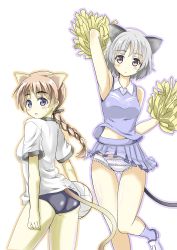 Rule 34 | 2girls, ahoge, animal ears, armpits, ball, blue eyes, braid, brown hair, buruma, cat ears, cat tail, cheerleader, colored eyelashes, cowboy shot, dot nose, foot out of frame, frilled panties, frills, grey hair, gym uniform, highres, holding, holding ball, looking at viewer, lynette bishop, multiple girls, panties, pleated, pleated skirt, pom pom (cheerleading), purple eyes, red liquid (artist), sanya v. litvyak, skirt, strike witches, sweatdrop, tail, underwear, volleyball (object), world witches series