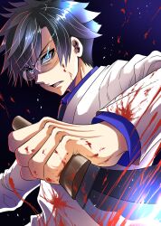 Rule 34 | 1boy, :o, black hair, blood, blood on clothes, blood on face, blue eyes, blue shirt, eye trail, formal, glasses, gradient background, highres, holding, holding knife, human bug daigaku, knife, kotouge kabuto, light trail, long sleeves, looking at viewer, male focus, shirt, solo, suit, uonuma yuu, upper body, white suit