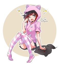 Rule 34 | 1girl, animal hood, black hair, gradient hair, grey eyes, highres, hood, iesupa, multicolored hair, pillow, red hair, ruby rose, rwby, short hair, solo, squeans, striped clothes, striped thighhighs, thighhighs, two-tone hair, yawning