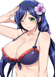 Rule 34 | 10s, 1girl, bikini, bikini top only, blue hair, breasts, flower, green eyes, hair flower, hair ornament, large breasts, looking at viewer, love live!, love live! school idol festival, love live! school idol project, mushi024, one eye closed, simple background, smile, solo, swimsuit, tojo nozomi, twintails, white background