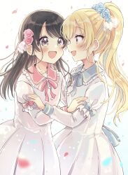 Rule 34 | 2girls, :d, black hair, blonde hair, blue background, blue flower, blue rose, blush, brown eyes, collared dress, commentary, dress, eye contact, fang, flower, frilled shirt collar, frills, gradient background, hair flower, hair ornament, highres, layered sleeves, long sleeves, looking at another, multiple girls, open mouth, original, petals, pink flower, pink rose, ponytail, profile, puffy short sleeves, puffy sleeves, rose, sakura oriko, short over long sleeves, short sleeves, smile, swept bangs, symbol-only commentary, white background, white dress