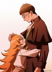 Rule 34 | 1boy, 1girl, absurdres, blush, brown coat, brown hair, child, closed eyes, coat, from side, glasses, grin, height difference, highres, hug, juliette (mushoku tensei), long hair, long sleeves, looking down, looking up, mushoku tensei, orange hair, ravi 617, shirt, short hair, simple background, smile, twitter username, very long hair, white shirt, zanoba shirone