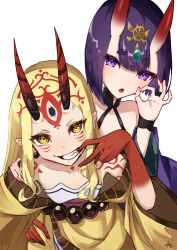 Rule 34 | 2girls, absurdres, bare shoulders, beads, blonde hair, breasts, collarbone, eyeliner, facial mark, fate/grand order, fate (series), forehead, forehead mark, grin, hair pulled back, headpiece, highres, horns, ibaraki douji (fate), izanaware game, japanese clothes, kimono, long hair, long sleeves, looking at viewer, makeup, multiple girls, off shoulder, oni, open mouth, purple eyes, purple hair, purple kimono, sash, short hair, shuten douji (fate), skin-covered horns, small breasts, smile, tattoo, wide sleeves, yellow eyes, yellow kimono