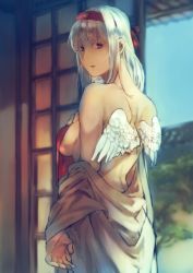 Rule 34 | 10s, 1girl, architecture, arm at side, bad id, bad twitter id, bare back, blush, breasts, brown eyes, clothes down, unworn clothes, covering privates, covering breasts, cowboy shot, east asian architecture, eaves, feathered wings, from behind, fukazaki (g425hw45), hachimaki, hairband, hand on own chest, headband, indoors, japanese clothes, kantai collection, kimono, long hair, looking at viewer, looking back, nape, parted lips, shouji, shoukaku (kancolle), shoulder blades, sideboob, sidelocks, sliding doors, solo, tree, white hair, white wings, wings
