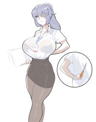 Rule 34 | 1girl, arm behind back, black skirt, blunt bangs, bra visible through clothes, bracelet, breasts, commentary, english commentary, eu03, eyepatch, frown, grey pantyhose, highres, holding, holding paper, huge breasts, jewelry, lanyard, name tag, narrow waist, office lady, one-eyed, original, pantyhose, paper, pencil skirt, ponytail, purple hair, scissors, sketch, skirt, solo, white background