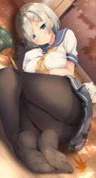 Rule 34 | 10s, 1girl, ass, black pantyhose, blue eyes, blush, breasts, artistic error, eyes visible through hair, feet, gloves, hair ornament, hair over one eye, hairclip, hamakaze (kancolle), hand fan, highres, kantai collection, komone ushio, large breasts, leaf, looking at viewer, lying, maple leaf, neckerchief, no shoes, on side, pantyhose, paper fan, pleated skirt, school uniform, serafuku, short hair, short sleeves, silver hair, skirt, soles, solo, uchiwa, white gloves, wooden floor, yellow neckerchief