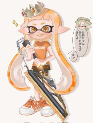 Rule 34 | 2girls, bike shorts, commentary request, corrupted twitter file, cross-laced footwear, crown, eyelashes, full body, grey headwear, highres, holding, holding sword, holding weapon, inkling, inkling girl, inkling player character, lemo (lemo 4), long hair, multiple girls, nintendo, open mouth, orange eyes, orange hair, orange shirt, pointy ears, print shirt, shirt, shoes, simple background, smile, sparkle, splatana wiper (splatoon), splatoon (series), splatoon 3, standing, star-shaped pupils, star (symbol), sword, symbol-shaped pupils, teeth, tentacle hair, translation request, very long hair, weapon, white background, white footwear