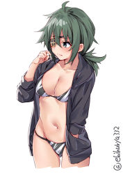 Rule 34 | 1girl, alternate costume, bikini, bikini under clothes, blush, breasts, closed mouth, ebifurya, eyepatch, green eyes, green hair, hair between eyes, highres, hood, hoodie, kantai collection, kiso (kancolle), large breasts, looking away, navel, short hair, simple background, solo, swimsuit, swimsuit under clothes, twitter username, two-tone bikini, white background