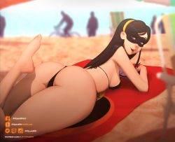 Rule 34 | 1girl, ass, barefoot, beach, bikini, black bikini, black hair, breasts, covered erect nipples, day, domino mask, feet, hairband, half-closed eyes, huge ass, kitty puddin, lips, long hair, lying, mask, medium breasts, naughty face, on stomach, open mouth, patreon username, sand, side-tie bikini bottom, sideboob, solo focus, swimsuit, tan, tanline, the incredibles, thighs, untied bikini, violet parr, watermark