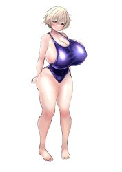 Rule 34 | 1girl, absurdres, barefoot, blonde hair, blush, breasts, brown eyes, highres, huge breasts, looking at viewer, one-piece swimsuit, purple one-piece swimsuit, sgwmanga, short hair, swimsuit, thick thighs, thighs, white background
