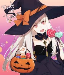 Rule 34 | 1girl, candy, cat, dress, fire emblem, fire emblem: three houses, food, halloween bucket, hat, holding, holding candy, holding food, holding lollipop, lollipop, long hair, lysithea von ordelia, nintendo, pink eyes, same2725, solo, trick or treat, white hair, witch, witch hat