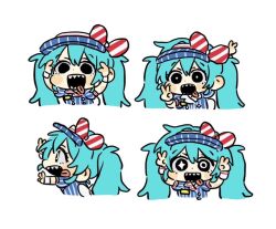 Rule 34 | 1girl, aqua hair, arms up, blue jacket, bright pupils, buttons, chibi, chiikawa four expressions (meme), double-breasted, double v, hatsune miku, hollow eyes, itomaki (itoma 11010), jacket, long hair, meme, mesmerizer (vocaloid), mismatched pupils, multiple views, open mouth, outstretched arms, sharp teeth, short sleeves, teeth, tongue, tongue out, twintails, v, visor cap, white background, white pupils, wrist cuffs