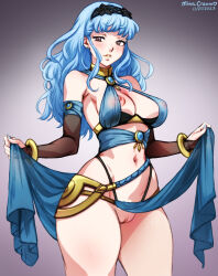 Rule 34 | 1girl, alternate costume, bare shoulders, blue hair, blush, bracelet, braid, breasts, bridal gauntlets, cleavage, commentary, cosplay, crown braid, dancer, dorothea arnault, dorothea arnault (cosplay), dorothea arnault (plegian), dorothea arnault (plegian) (cosplay), english commentary, fire emblem, fire emblem: three houses, fire emblem heroes, fire emblem warriors: three hopes, gloves, hair ornament, jewelry, large breasts, looking at viewer, marianne von edmund, mina cream, navel, nintendo, nipples, official alternate hairstyle, parted bangs, pelvic curtain, pussy, short hair, simple background, smile, solo, thick thighs, thighs, uncensored, variant set, very short hair, wide hips