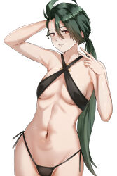 Rule 34 | 1girl, absurdres, ahoge, alternate breast size, alternate costume, arm up, bikini, black bikini, breasts, commentary, creatures (company), game freak, green hair, hair between eyes, hand up, highres, long hair, looking at viewer, mchiefy, medium breasts, navel, nintendo, parted lips, pokemon, pokemon sv, ponytail, rika (pokemon), side-tie bikini bottom, simple background, smile, solo, swimsuit, v, white background