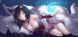 Rule 34 | 1girl, ahri (league of legends), animal ears, bad id, bad pixiv id, black hair, breasts, cleavage, facial mark, fox ears, fox tail, highres, korean clothes, large breasts, league of legends, long hair, looking at viewer, lying, multiple tails, on side, parted lips, riffey, smile, solo, tail, whisker markings, yellow eyes
