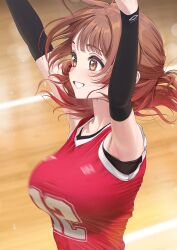 1girl ame_(uten_cancel) armpits arms_up black_sleeves blush bouncing_breasts breasts brown_eyes brown_hair commentary_request detached_sleeves from_side gakuen_idolmaster grin hair_bun hanami_ume highres idolmaster indoors large_breasts red_shirt shirt single_hair_bun single_side_bun sleeveless sleeveless_shirt smile upper_body