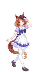 Rule 34 | 1girl, adjusting clothes, adjusting headwear, blush, breasts, brown hair, closed mouth, collarbone, full body, hat, highres, looking at viewer, medium breasts, medium hair, north flight (umamusume), official art, one eye closed, ribbon, school uniform, shoes, simple background, smile, solo, standing, thighhighs, tracen school uniform, transparent background, umamusume