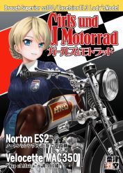 Rule 34 | 10s, 1girl, abazu-red, black necktie, black pantyhose, blonde hair, blue eyes, blue skirt, blue sweater, braid, cover, darjeeling (girls und panzer), dress shirt, emblem, english text, fake cover, girls und panzer, long sleeves, looking at viewer, magazine cover, miniskirt, motor vehicle, motorcycle, necktie, pantyhose, parted lips, pleated skirt, riding, school uniform, shirt, short hair, sitting, skirt, smile, solo, sweater, twin braids, v-neck, vehicle request, white shirt