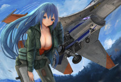 Rule 34 | 1girl, aircraft, airplane, artist request, blue eyes, blue hair, blue sky, blush, breasts, cleavage, cloud, collarbone, day, emori miku, fighter jet, green jumpsuit, hair ornament, hairclip, hand up, highres, jet, jumpsuit, large breasts, leaning forward, liver city, long hair, looking at viewer, military, military vehicle, mitsubishi f-2, orange tank top, outdoors, partially unzipped, pouch, sky, smile, solo, tank top, vehicle focus, very long hair, wind