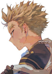 Rule 34 | 1boy, black gloves, black shirt, blonde hair, boku no hero academia, bomber jacket, brown jacket, burn scar, costume, ear piercing, earrings, facial hair, facial mark, feathered wings, feathers, forked eyebrows, from behind, fur-trimmed jacket, fur trim, gloves, goatee, hawks (boku no hero academia), headphones, high collar, jacket, jacket partially removed, jewelry, kadeart, long eyebrows, male focus, piercing, portrait, red feathers, red wings, rimless eyewear, scar, scar on neck, shirt, short hair, skin tight, solo, striped clothes, striped shirt, stubble, stud earrings, thick eyebrows, tight clothes, tight shirt, tinted eyewear, twitter username, wings, yellow eyes