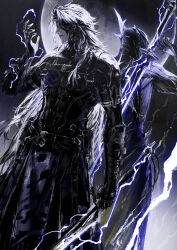 Rule 34 | 1boy, 1other, arm armor, armor, belt, black belt, black pants, black shirt, blue eyes, calcharo (wuthering waves), cowboy shot, electricity, full moon, hair over one eye, highres, holding, holding sword, holding weapon, long hair, looking at hand, male focus, medium hair, moon, multiple belts, pants, parted lips, shirt, shoulder armor, standing, sword, tacet mark (wuthering waves), toned, toned male, utility belt, weapon, weapon on back, wuthering waves, yoshi (j contrast)