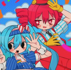 Rule 34 | black eyes, blue background, blue dress, blue hair, blush stickers, bow, buttoned cuffs, buttons, cloud, confetti, dress, drill hair, gloves, hair between eyes, halftone, hand up, hat, hatsune miku, highres, kasane teto, long hair, looking at viewer, mesmerizer (vocaloid), mochi (na si), open mouth, pants, pinstripe dress, pinstripe hat, pinstripe pattern, red eyes, red hair, red hat, red pants, sharp teeth, shirt, short sleeves, smile, smiley face, striped bow, striped clothes, striped shirt, sweat, teeth, tongue, tongue out, twin drills, twintails, utau, visor cap, vocaloid, wrist cuffs, yellow gloves