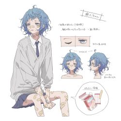 Rule 34 | 1girl, ahoge, bandaid, bandaid on arm, bandaid on face, bandaid on hand, bandaid on knee, bandaid on leg, bandaid on nose, blue hair, blue nails, collared shirt, commentary request, grey eyes, highres, light oooo, looking away, messy hair, multiple views, nail polish, necktie, original, pleated skirt, shindan maker, shirt, short hair, sitting, skirt, sleeves pushed up, sweater, too many, too many bandaids, translation request