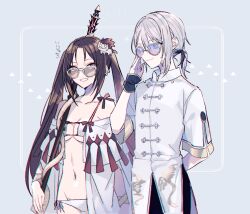 Rule 34 | 1boy, 1girl, adjusting eyewear, arm behind back, arms at sides, bikini, black hair, black pants, blue-tinted eyewear, blue eyes, breasts, changpao, character hair ornament, chinese clothes, closed mouth, cowboy shot, earrings, eyewear strap, fate/grand order, fate (series), grey-tinted eyewear, grey background, grey eyes, grey hair, grin, groin, hair between eyes, hair ornament, hand up, holding, holding polearm, holding weapon, inset border, jewelry, katagiri (mighty swing), long hair, long shirt, looking at another, looking to the side, medium breasts, multiple earrings, navel, outside border, pants, parted bangs, pink-tinted eyewear, polearm, prince of lan ling (eastern socialite attire) (fate), prince of lan ling (fate), robe, shirt, short hair, short ponytail, short sleeves, sidelocks, smile, spear, sunglasses, swimsuit, tinted eyewear, translation request, twintails, weapon, white-framed eyewear, white bikini, white robe, white shirt, wrist wrap, yu mei-ren (fate), yu mei-ren (swimsuit lancer) (fate)