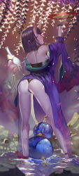 Rule 34 | 1girl, ankle ribbon, arched back, arm up, ass, back, bare back, bare shoulders, black hair, blunt bangs, bottle, bracelet, branch, breasts, clothes lift, club3, colored skin, cup, eyeliner, fate/grand order, fate (series), from behind, half-closed eyes, halterneck, highres, holding, holding bottle, horns, japanese clothes, jewelry, kimono, kimono lift, kneepits, leaning forward, leg ribbon, legs, legs apart, looking at viewer, looking back, makeup, naughty face, off shoulder, parted lips, profile, purple eyes, purple hair, purple skin, ribbon, sakazuki, sake bottle, short hair, shuten douji (fate), shuten douji (first ascension) (fate), sideboob, skin-covered horns, small breasts, smile, solo, standing, thighs, thong, wading, water, wide sleeves, wristband