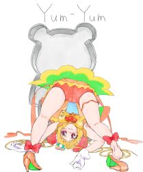 Rule 34 | 1girl, ankle bow, ankle ribbon, bike shorts, blonde hair, bow, brooch, bun cover, cookie cutter, cure yum-yum, delicious party precure, gloves, hanamichi ran, heart, heart brooch, high heels, highres, jewelry, leg ribbon, magical girl, mem-mem (precure), precure, razoku lucifer, red eyes, ribbon, solo, white background, white gloves