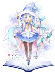 Rule 34 | 1girl, blue eyes, blue hair, blush, book, cape, cocorip, hat, hatsune miku, highres, long hair, looking at viewer, open mouth, pantyhose, rabbit, skirt, snow rabbit, snowflakes, snowman, twintails, very long hair, vocaloid, wand, witch hat, yuki miku, yukine (vocaloid)