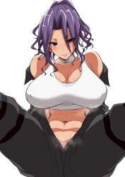 Rule 34 | 1girl, bare shoulders, belt collar, blue hair, blush, breasts, brown eyes, choker, cleavage, closed mouth, collar, curly hair, covered erect nipples, highres, highschool of the dead, large breasts, looking at viewer, medium hair, minami rika, navel, sitting, smile, solo, sports bikini, spread legs, stomach, tawashi1623