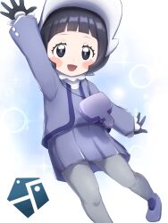 Rule 34 | 1girl, :d, arm up, black eyes, black gloves, black hair, blush stickers, bright pupils, cardigan, commentary request, creatures (company), eyelashes, game freak, gloves, grey cardigan, grey footwear, grey pantyhose, highres, long sleeves, misao (ylalpaqsyxvbvll), nintendo, open cardigan, open clothes, open mouth, pantyhose, pokemon, pokemon sv, poppy (pokemon), shoes, short hair, smile, solo, sparkle