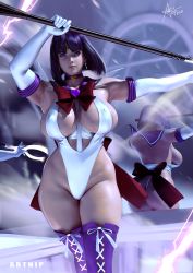 Rule 34 | 1girl, adapted costume, aged up, alternate breast size, alternate costume, artnip, bishoujo senshi sailor moon, black hair, boots, breasts, brooch, covered erect nipples, curvy, highleg, highleg leotard, jewelry, large breasts, leotard, lips, mirror image, paid reward available, purple eyes, purple sailor collar, purple thighhighs, realistic, sailor collar, sailor saturn, sailor senshi, shiny skin, short hair, sidelighting, silence glaive, solo, standing, star brooch, thick thighs, thigh boots, thighhighs, thighs, white leotard