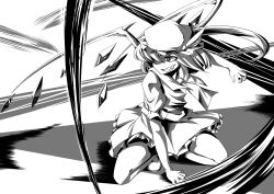 Rule 34 | 1girl, akudato, embodiment of scarlet devil, fang, female focus, flandre scarlet, greyscale, hat, highres, mob cap, monochrome, solo, squatting, touhou, wings