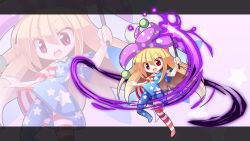 Rule 34 | 1girl, american flag dress, american flag legwear, blonde hair, chibi, clownpiece, dress, hat, highres, jester cap, letterboxed, long hair, open mouth, pantyhose, red eyes, short dress, short sleeves, solo, star (symbol), striped clothes, striped pantyhose, torch, touhou, upskirt, very long hair, z.o.b, zoom layer