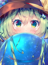 Rule 34 | 1girl, blue eyes, blue flower, blue rose, blush, bow, covered mouth, face, fant, flower, green hair, hair between eyes, hair ornament, hat, hat bow, highres, komeiji koishi, long hair, looking at viewer, rose, solo, third eye, touhou