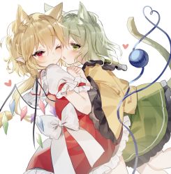 Rule 34 | 2girls, animal ears, blouse, cat ears, cat girl, cat tail, closed mouth, crystal, flandre scarlet, green eyes, green skirt, heart, heart of string, highres, holding person, komeiji koishi, looking at viewer, multiple girls, one eye closed, open mouth, pointy ears, red eyes, red skirt, shirt, short sleeves, simple background, skirt, sorani (kaeru0768), tail, third eye, touhou, white background, wings, wrist cuffs, yellow shirt