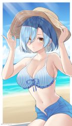 Rule 34 | 1girl, absurdres, artist name, bare arms, bare shoulders, beach, bikini, blue hair, blush, border, breasts, cleavage, collarbone, commentary, cowboy shot, denim, denim shorts, english commentary, front-tie bikini top, front-tie top, hair between eyes, hands on headwear, hands up, hat, highres, large breasts, looking at viewer, navel, open clothes, open shorts, original, outdoors, outside border, rynzfrancis, short hair, short shorts, shorts, sitting, solo, striped bikini, striped clothes, swimsuit, white border, yellow eyes