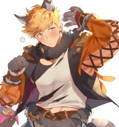 Rule 34 | 1boy, ?, animal ears, bara, black tank top, blonde hair, blush, closed mouth, cropped jacket, fur collar, granblue fantasy, green eyes, halloween costume, higashigunkan, jacket, large pectorals, looking to the side, male focus, muscular, muscular male, official alternate costume, open clothes, open jacket, orange jacket, pectorals, shirt, short hair, simple background, solo, tank top, torn clothes, torn shirt, vane (granblue fantasy), white shirt, wolf boy, wolf ears, wolf paws