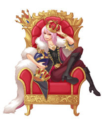Rule 34 | androgynous, belt, boots, cross-laced footwear, crown, eguchi kaimu, gender request, hair between eyes, jewelry, lace-up boots, necklace, original, pink hair, red eyes, red upholstery, simple background, solo, throne, unworn crown, white background