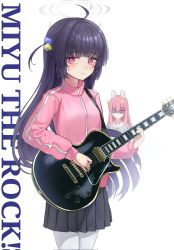Rule 34 | 2girls, black hair, blue archive, bocchi the rock!, breasts, cosplay, costume switch, cube hair ornament, gloom (expression), gotoh hitori, guitar, hair ornament, halo, highres, hwangjinten, instrument, jacket, looking at viewer, medium breasts, miyu (blue archive), multiple girls, pantyhose, pink hair, red eyes, school uniform, simple background, smile, track jacket, white background