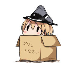 Rule 34 | 10s, 1girl, absurdres, anchor hair ornament, bad id, bad pixiv id, blonde hair, blush, box, cardboard box, chibi, dated, hair between eyes, hair ornament, hat, hatsuzuki 527, highres, in box, in container, kantai collection, peaked cap, peeking out, prinz eugen (kancolle), simple background, solid oval eyes, solo, translated, twitter username, upper body, white background