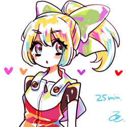 Rule 34 | 1girl, android, blonde hair, bow, capcom, eyes visible through hair, hair bow, hair ornament, heart, high ponytail, hood, hoodie, long hair, lowres, mega man (classic), mega man (series), mega man 11, ponytail, roll (mega man), signature, simple background, solo, speed painting, text focus, white background