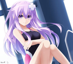 Rule 34 | 10s, 1girl, artist name, bare shoulders, blush, breasts, collarbone, competition swimsuit, covered navel, crossed arms, d-pad, dutch angle, eyebrows, female focus, hair between eyes, hair ornament, indoors, keenh, long hair, looking at viewer, nepgear, neptune (series), one-piece swimsuit, pink hair, pool ladder, purple eyes, purple hair, skin tight, smile, solo, swimsuit, very long hair, water, water drop, wet