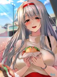Rule 34 | 1girl, :d, blush, brown eyes, burger, casual, commentary request, day, food, hairband, kantai collection, long hair, looking at viewer, open mouth, outdoors, pov, red hairband, shoukaku (kancolle), signature, smile, solo, upper body, watch, white hair, wristwatch, youmou usagi