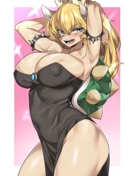 Rule 34 | 1girl, absurdres, arched back, armlet, armpits, arms behind head, bad id, bad twitter id, bare hips, blonde hair, blue eyes, blue gemstone, blush, bowsette, breasts, cleavage, dress, forked eyebrows, gem, highres, horns, large breasts, long hair, mario (series), new super mario bros. u deluxe, nintendo, outside border, pelvic curtain, pink background, pov, shell, shiny skin, skindentation, solo, spiked armlet, spikes, super crown, thick eyebrows, thick thighs, thighs, turtle shell, urec
